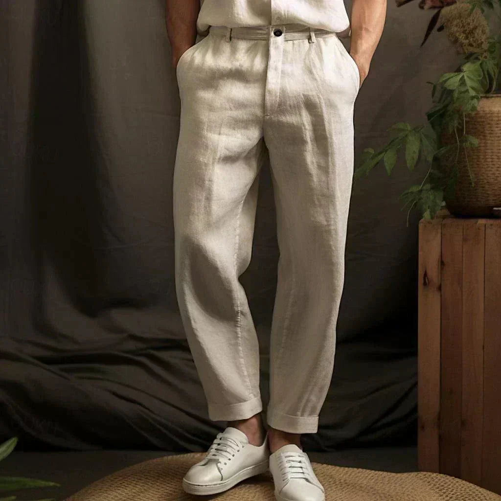 Airy Straight Linen Trousers for Men with Relaxed Fit - Lennox-Beige-S-Nora Luxe