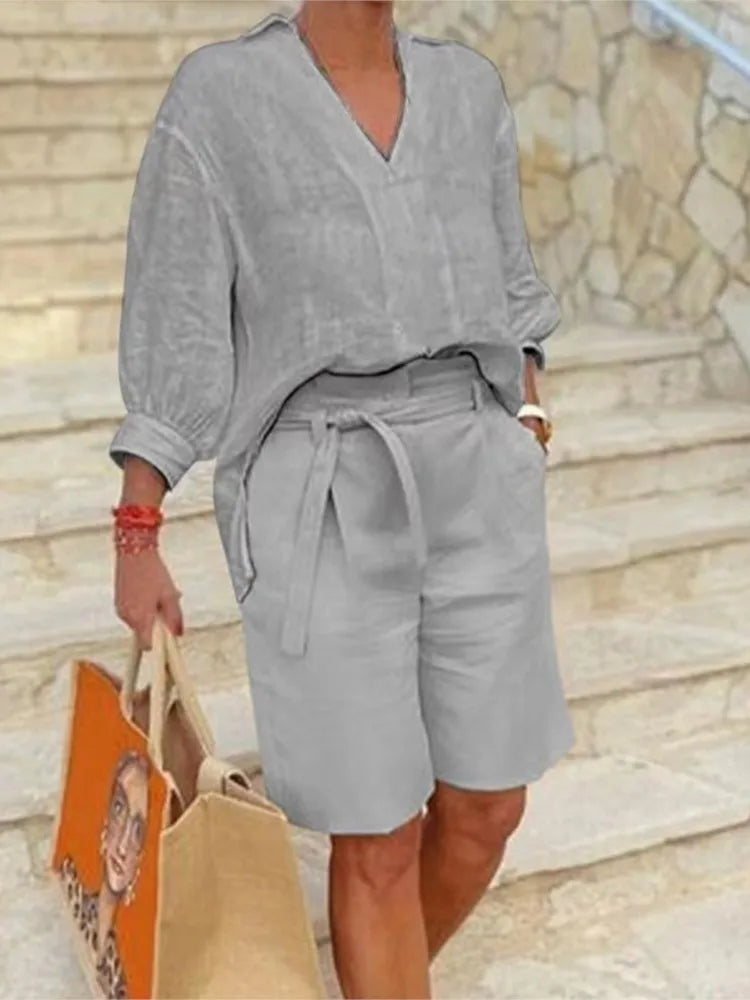 Airy & Stylish Two-Piece Linen Set with Blouse & Shorts for Women – Malea-Light gray-S-Nora Luxe