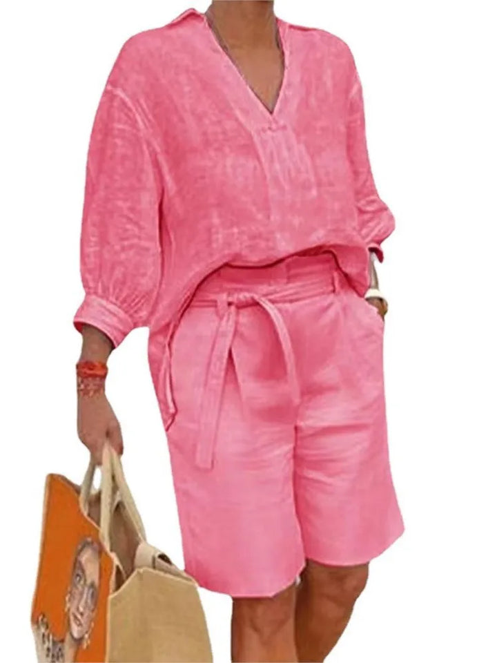 Airy & Stylish Two-Piece Linen Set with Blouse & Shorts for Women – Malea-Pink-S-Nora Luxe