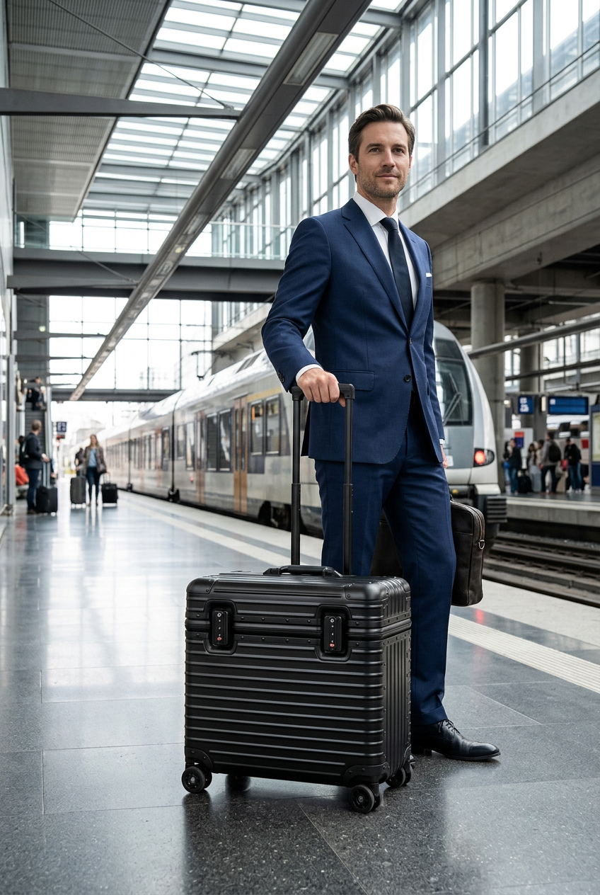 Man in a navy suit stands beside a black grooved hard-shell suitcase on a train platform 1