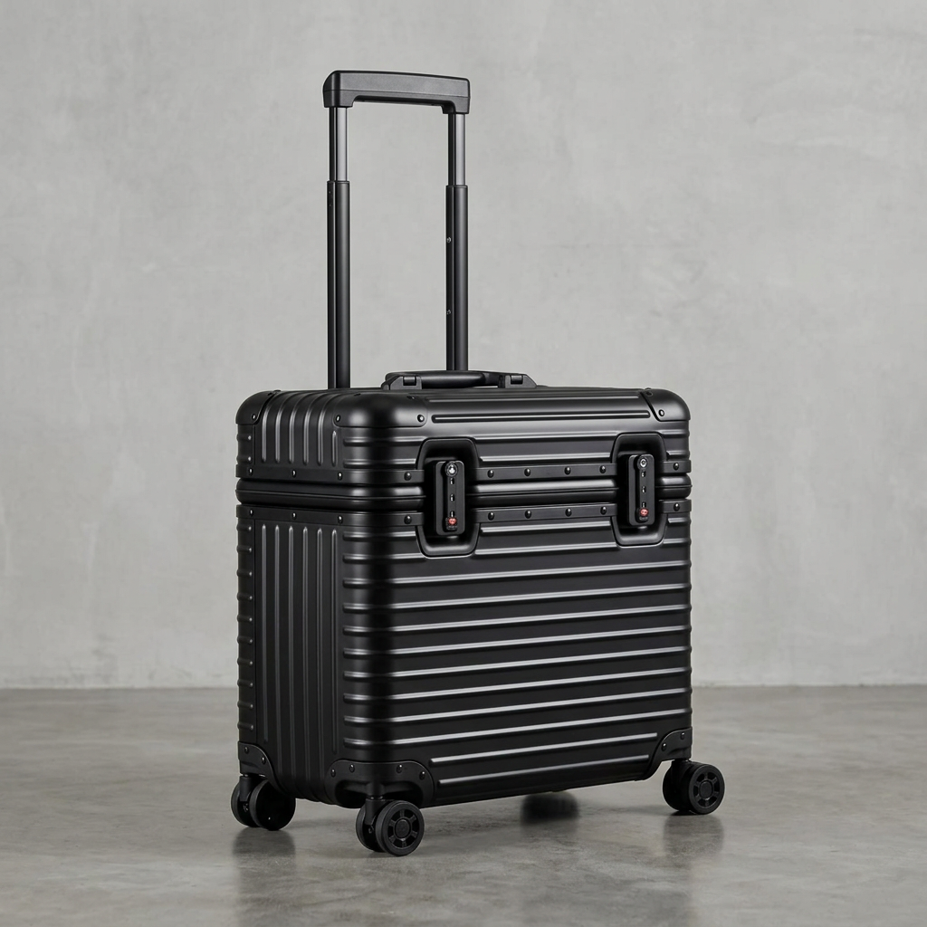 Matte black ribbed case with telescopic handle extended, shown at an angle on a concrete floor 12