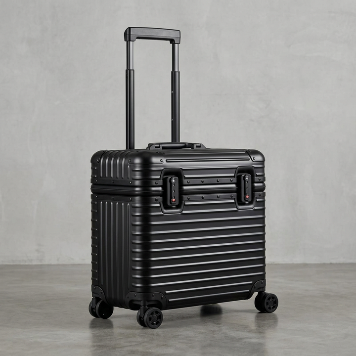Matte black ribbed case with telescopic handle extended, shown at an angle on a concrete floor 12