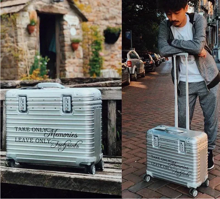 Two views of a silver grooved suitcase, resting on a bench and held by a standing man 3