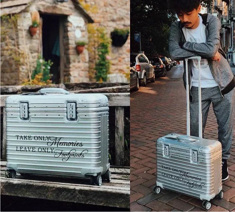 Two views of a silver ribbed case, one on a wooden bench, one with a man leaning on the handle 3