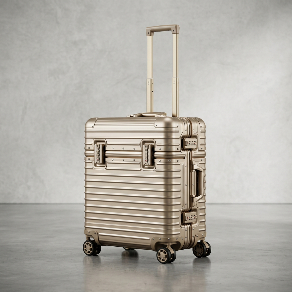 Champagne-gold ribbed case with extended handle, showing side locks and carry handle on a gray floor 13