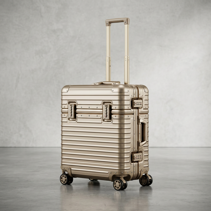Champagne-gold ribbed case with extended handle, showing side locks and carry handle on a gray floor 13