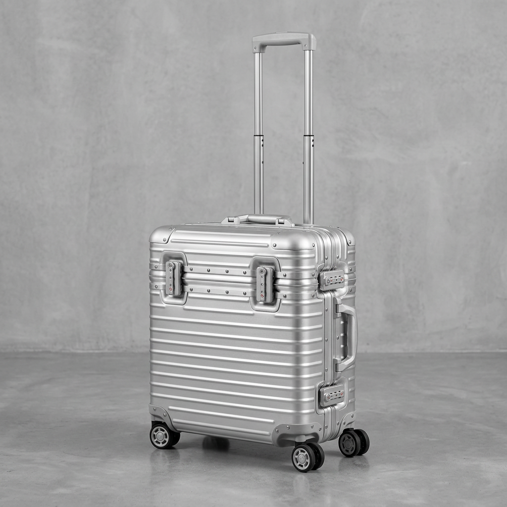 Silver ribbed case with telescopic handle extended, shown at an angle against a concrete wall 11