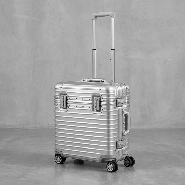 Silver ribbed case with telescopic handle extended, shown at an angle against a concrete wall 11