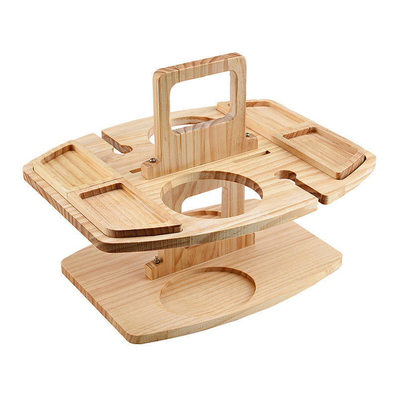 Empty light wood two-tier board on a white background, showing handle, bottle hole, glass slots and trays 4