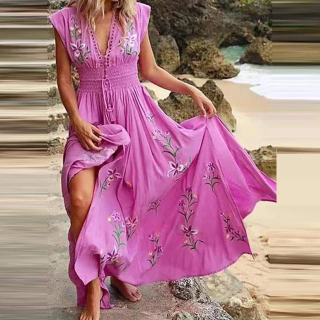 Boho summer midi dress with V-neck and airy cut – Talia-Pink with floral print-S-Nora Luxe