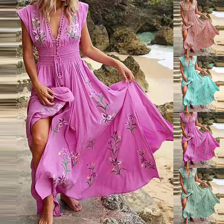 Boho summer midi dress with V-neck and airy cut – Talia-Sky blue-S-Nora Luxe