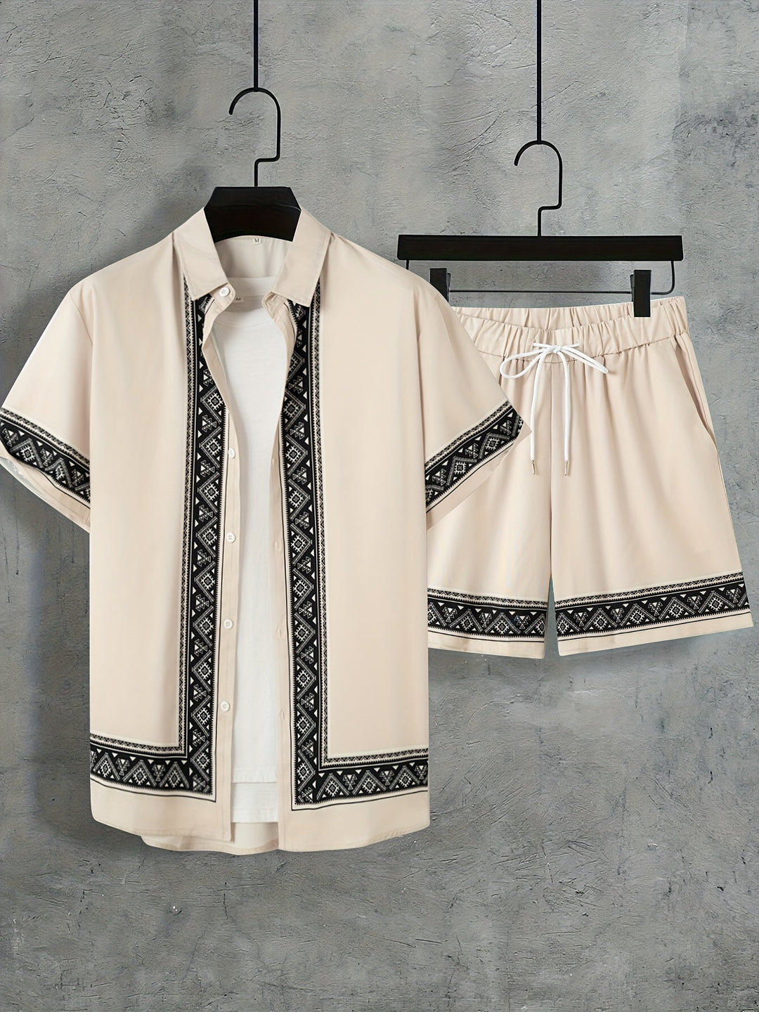 Boho Summer Set Men Two-Piece Shirt and Shorts Relaxed - Malik-Khaki-M-Nora Luxe