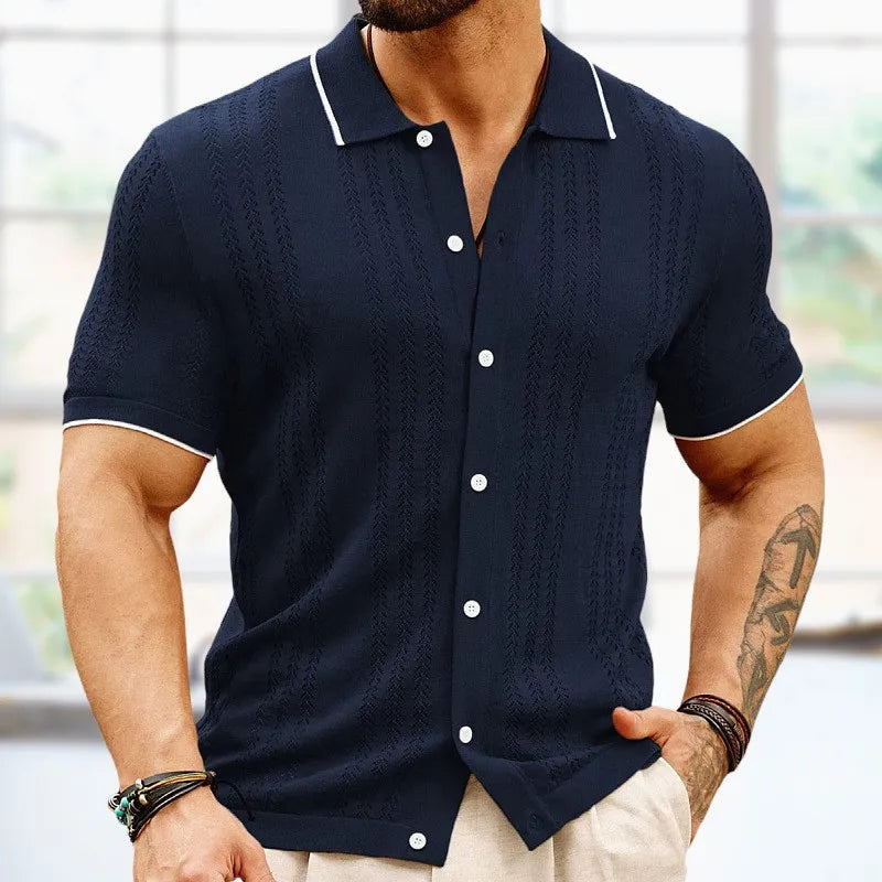 Breathable & Classic Knit Polo Shirt Made of Cotton for Men - Leano-Navy blue-S-Nora Luxe
