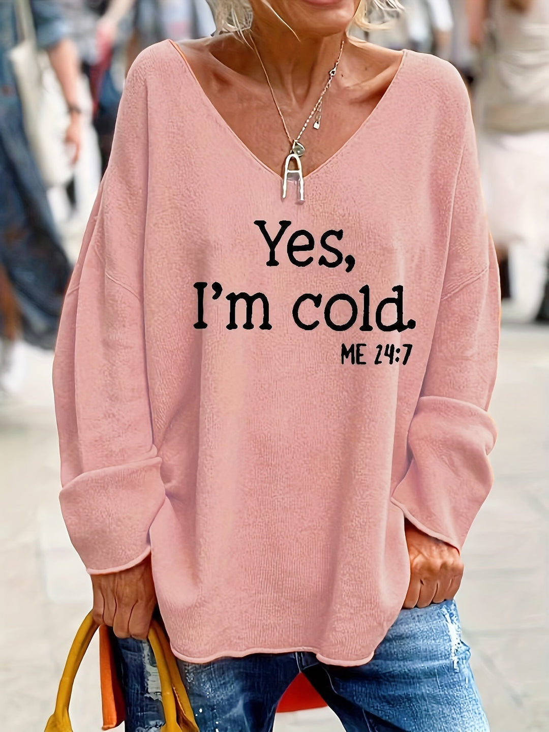 Ladies oversized jumper with V-neck & pattern – Alenia