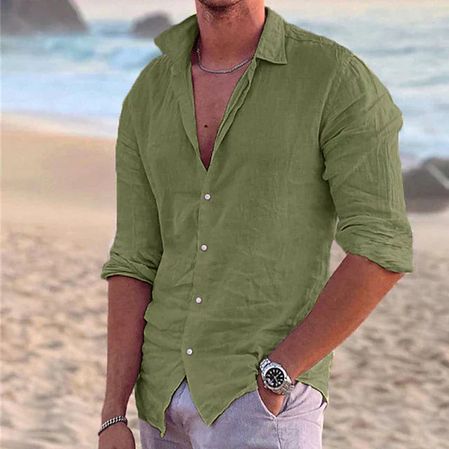 Casual men's linen shirt with long sleeves – Milan-Green-S-Nora Luxe
