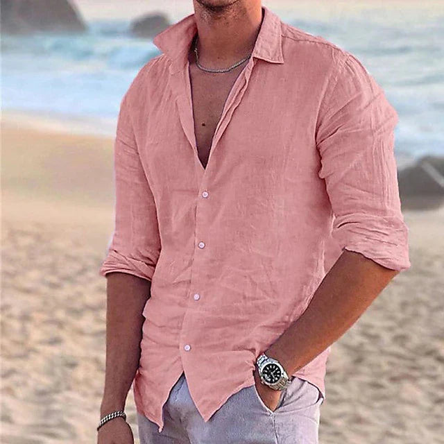 Casual men's linen shirt with long sleeves – Milan-Pink-S-Nora Luxe