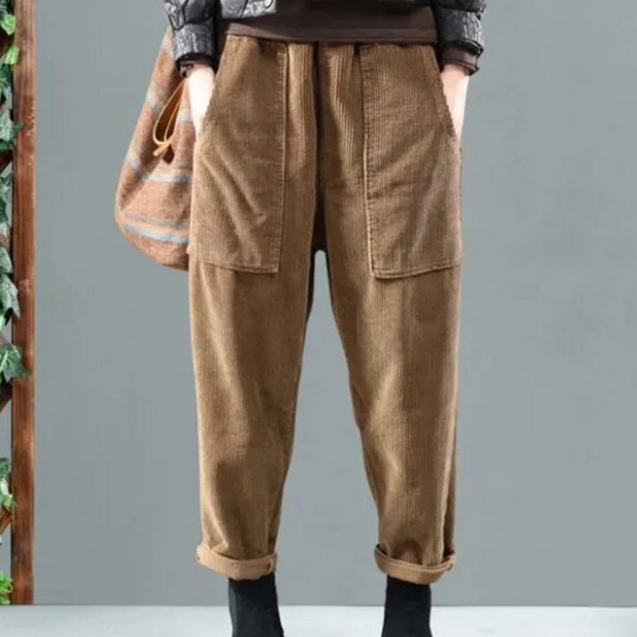 Casual Ribbed Velvet Trousers for Women - Marlowe-Khaki-XS-Nora Luxe