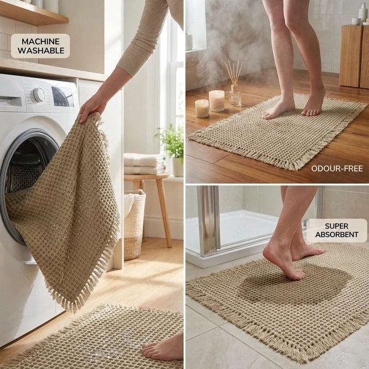 Three-panel collage showing the mat being pulled from a washing machine, in a steamy bathroom, and soaking up water by a 3