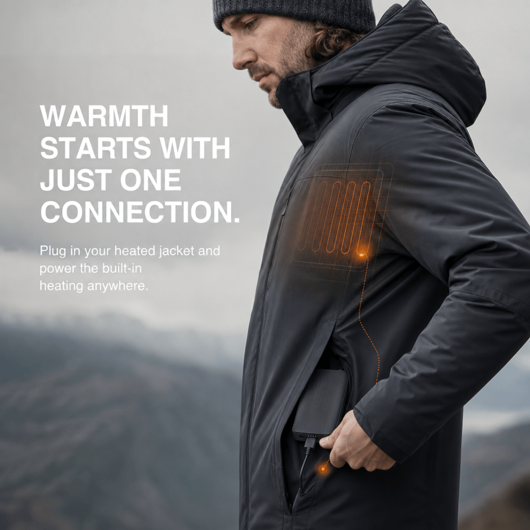 Man in a dark hooded jacket on a mountain slope, battery in pocket, heating panel glowing orange 4