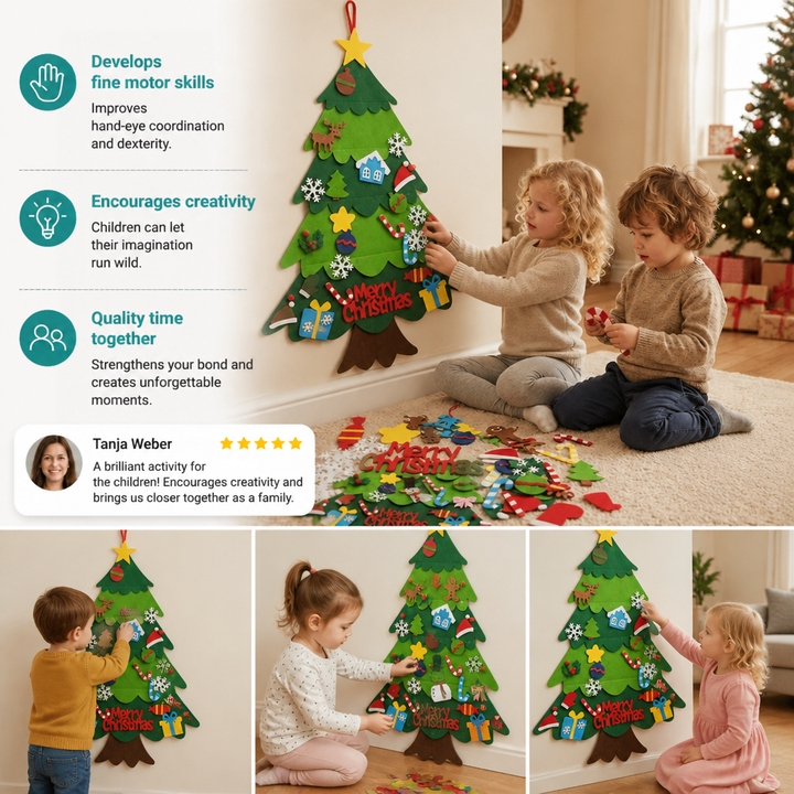 Two toddlers decorate the wall-hung felt tree, with smaller photos of other children playing below 3
