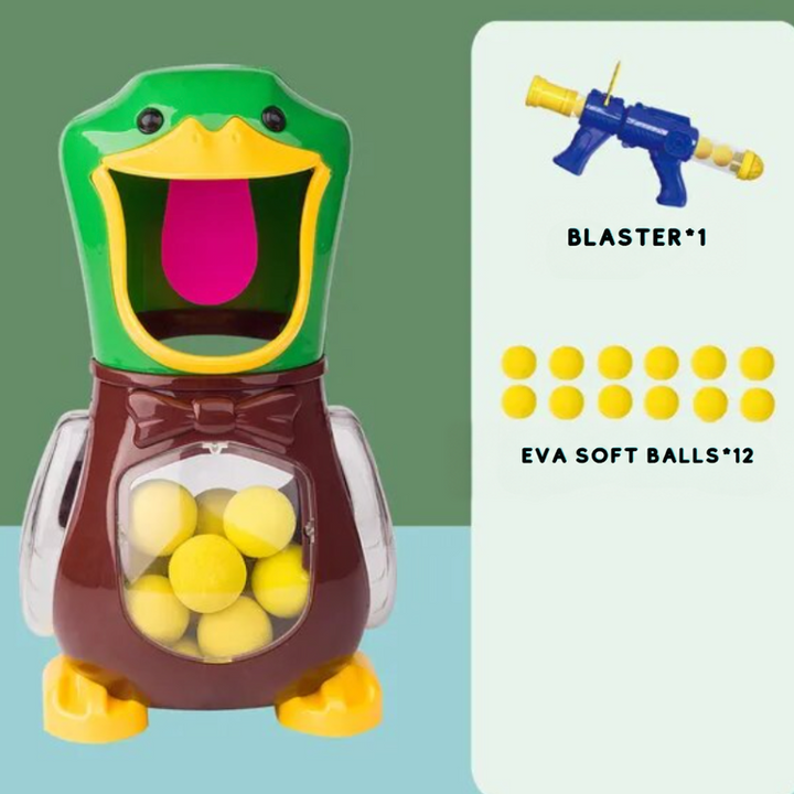 Duck target with a bow tie beside a one-blaster, twelve-ball contents diagram 7