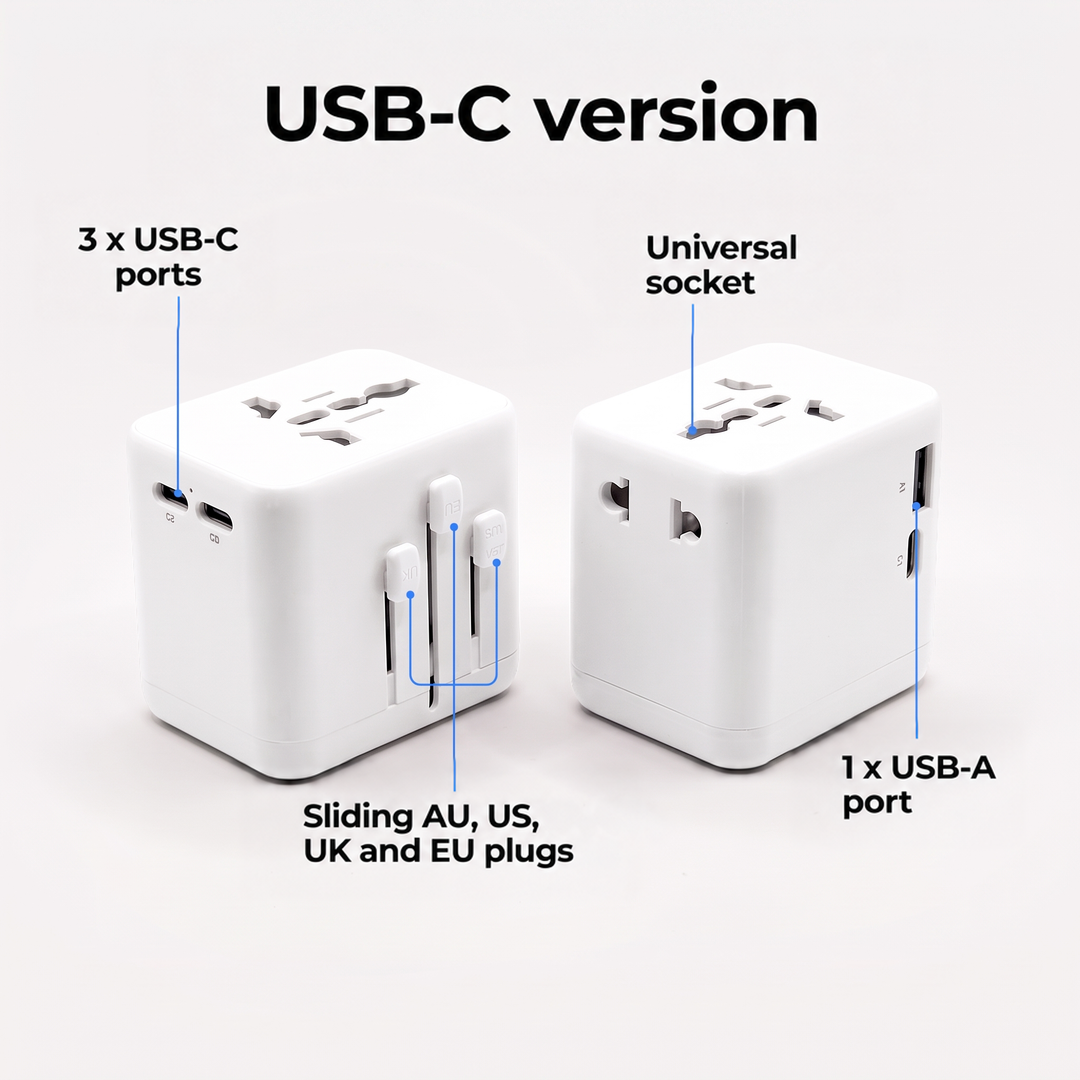Two white adapters with callouts pointing to the USB-C ports, USB-A port, universal socket and sliding plugs 3
