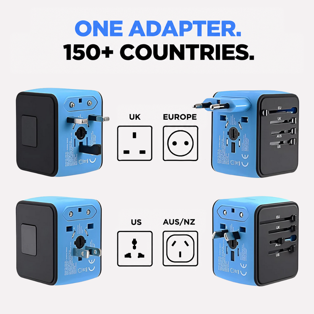 Blue and black adapter shown four times with its plugs extended, next to socket type icons 2