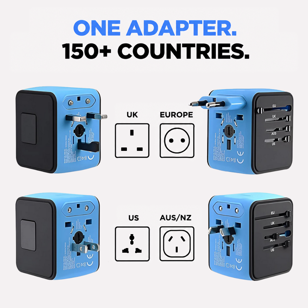 Blue and black adapter shown four times with its plugs extended, next to socket type icons 2