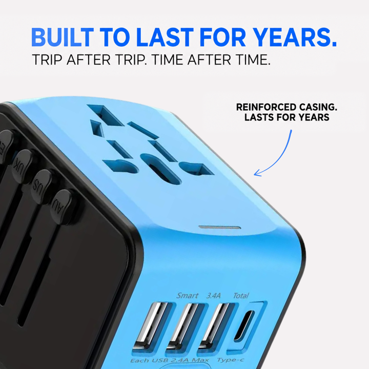 Close-up of a blue and black adapter's sturdy housing, with plug sliders and charging ports visible 5