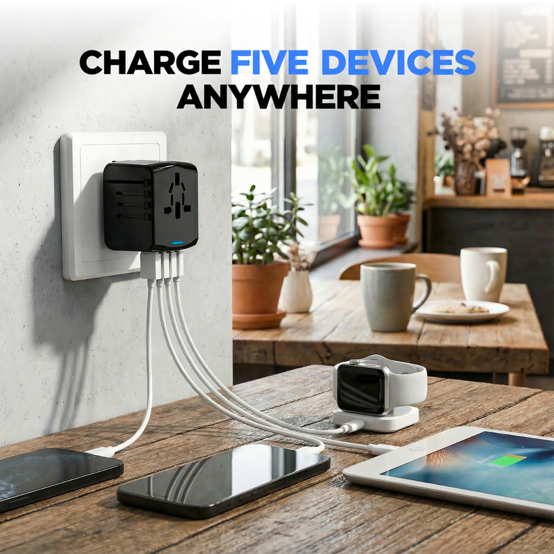 Black adapter plugged into a wall outlet in a café, charging a phone, smartwatch and tablet 6