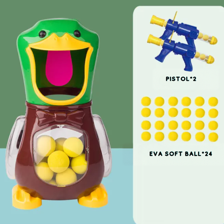 Duck target with a bow tie beside a two-pistol, twenty-four-ball contents diagram 8