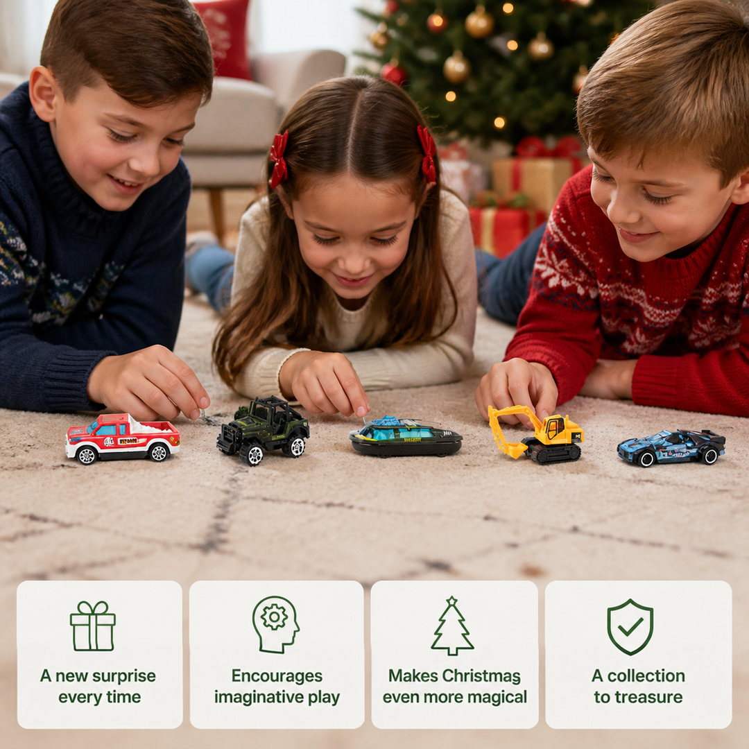 Three children in holiday sweaters play with a row of five toy vehicles beside a Christmas tree 2