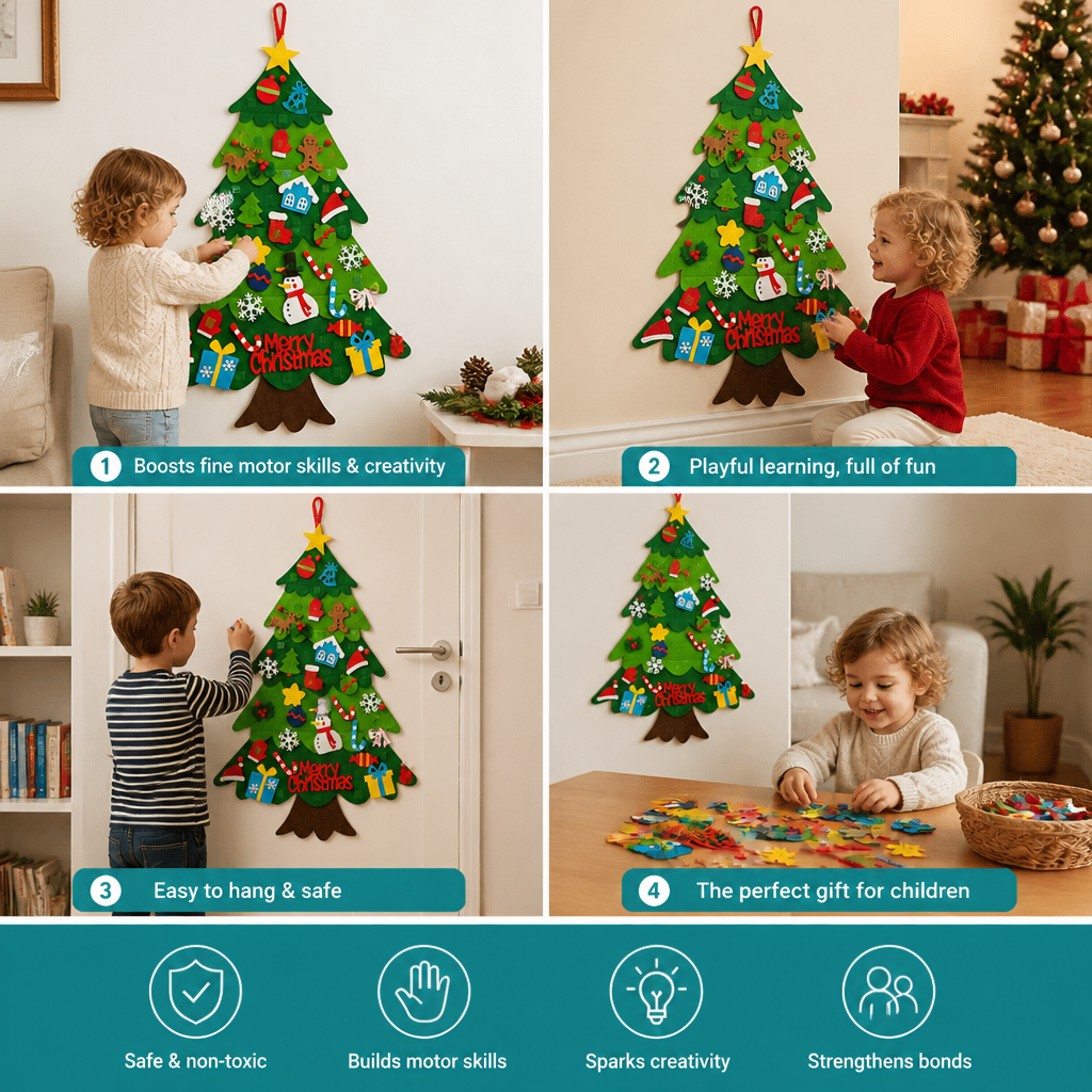 Four-panel collage of children hanging felt ornaments on the tree on walls, a door and a table 4