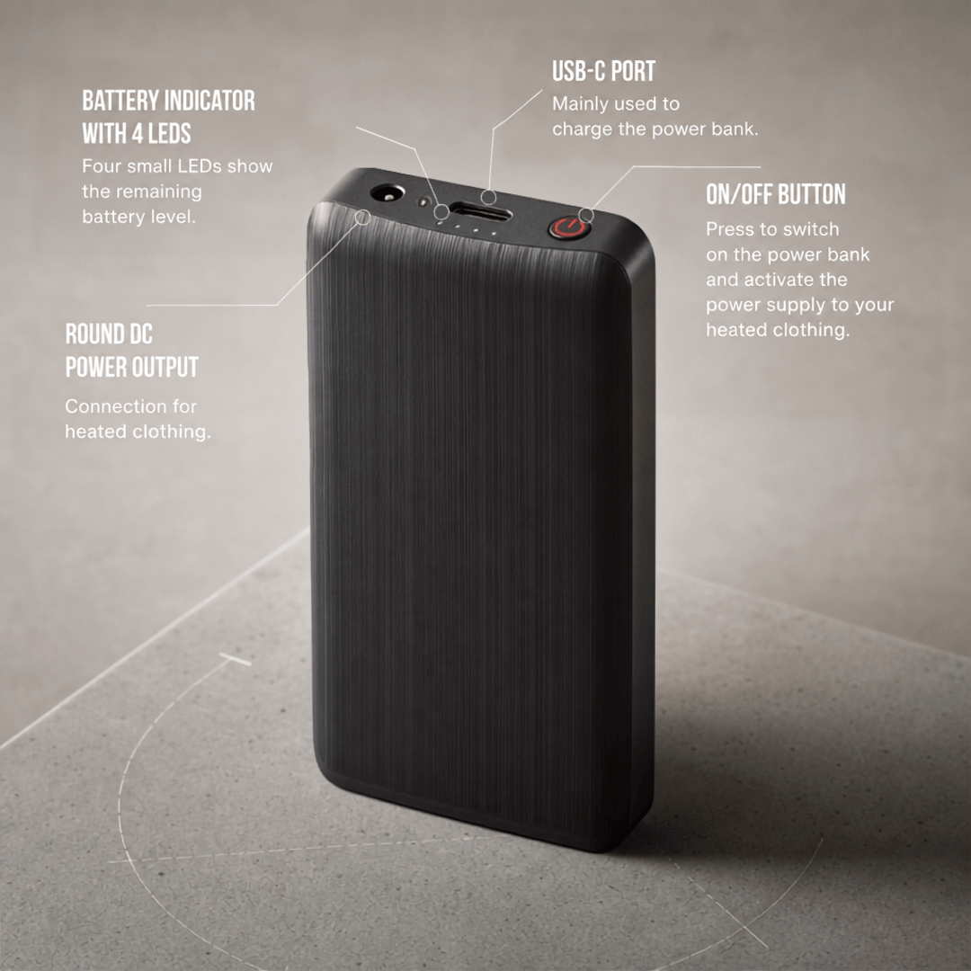 Brushed black battery pack standing upright, with callouts for the round output jack, USB-C port, LED indicators and power 3
