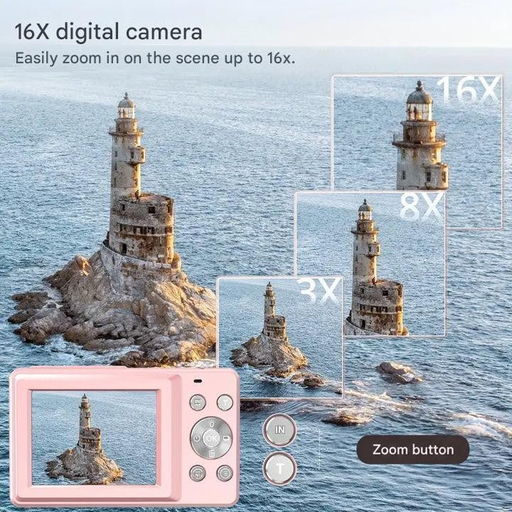 Pink camera screen showing a lighthouse, with 3x, 8x and 16x zoom comparison frames 10