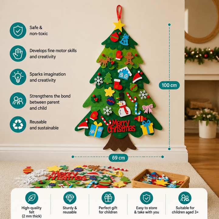 Fully decorated felt tree on a wall with height and width dimensions and loose ornaments on the floor 5