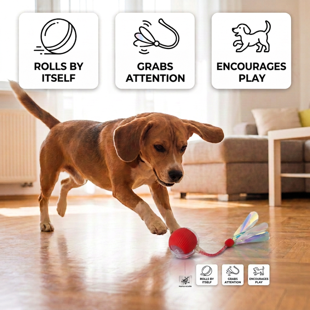 Beagle chasing the red rolling ball indoors, with three small icons above highlighting its self-rolling, attention-grabbing 2