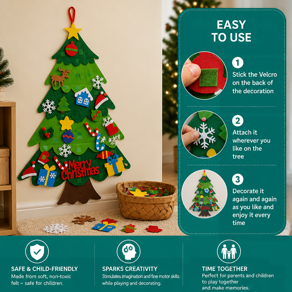 Decorated felt tree on a beige wall beside a basket of ornaments, with a three-step attaching guide 2