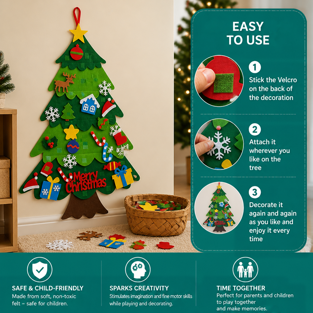 Decorated felt tree on a beige wall beside a basket of ornaments, with a three-step attaching guide 2