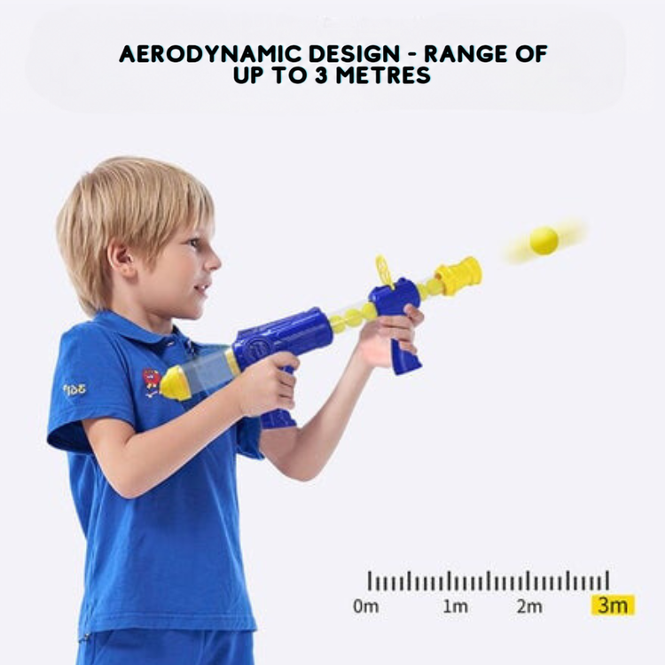 Boy in a blue shirt aims the blaster as a foam ball flies, with a distance scale below 8