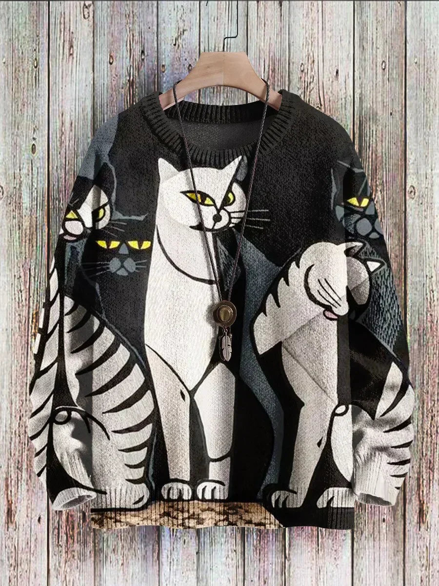 Cheerful Cat Print Sweater for Women - Cleo-Minet-S-Nora Luxe