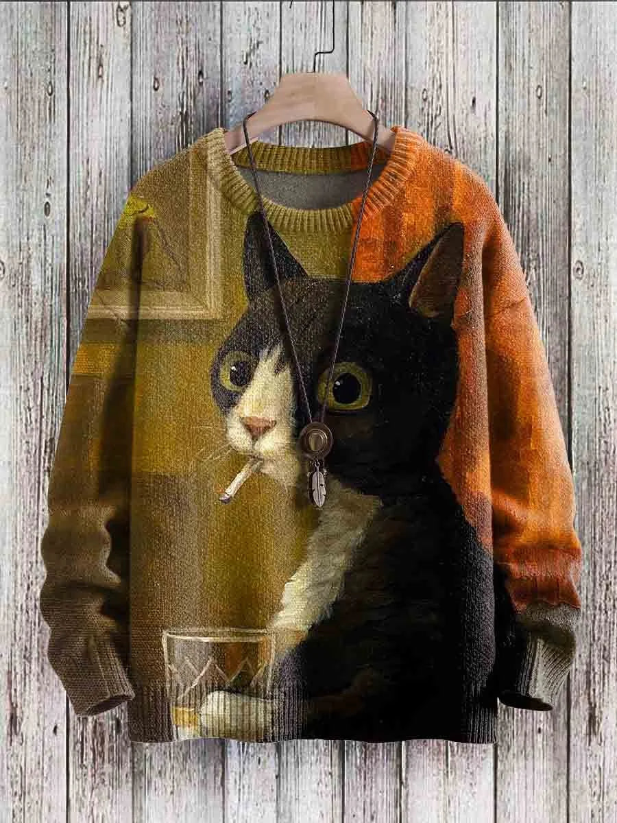 Cheerful Cat Print Sweater for Women - Cleo-Minoes-S-Nora Luxe