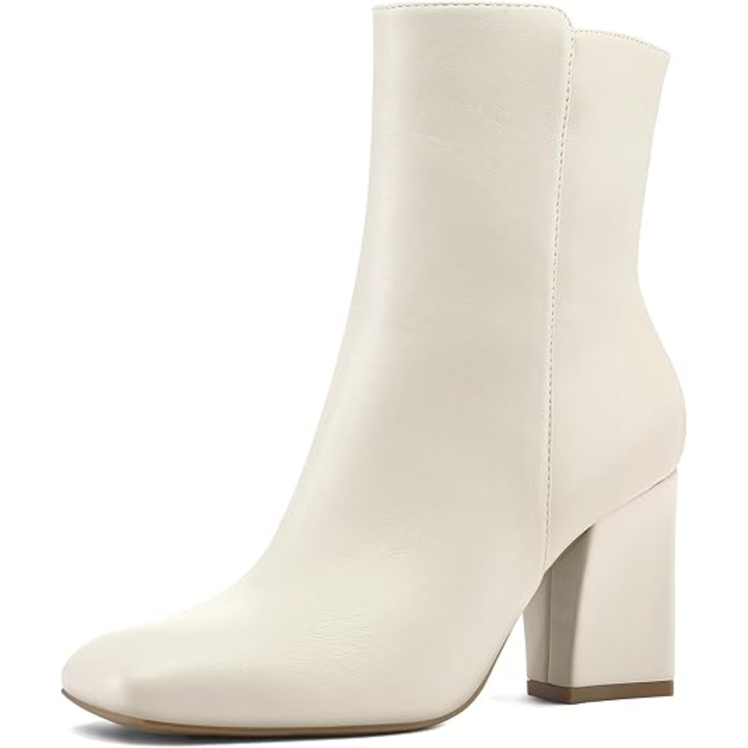 Chunky Block Heel Ankle Boots - Jamie-Cream PU-2.5-Nora Luxe