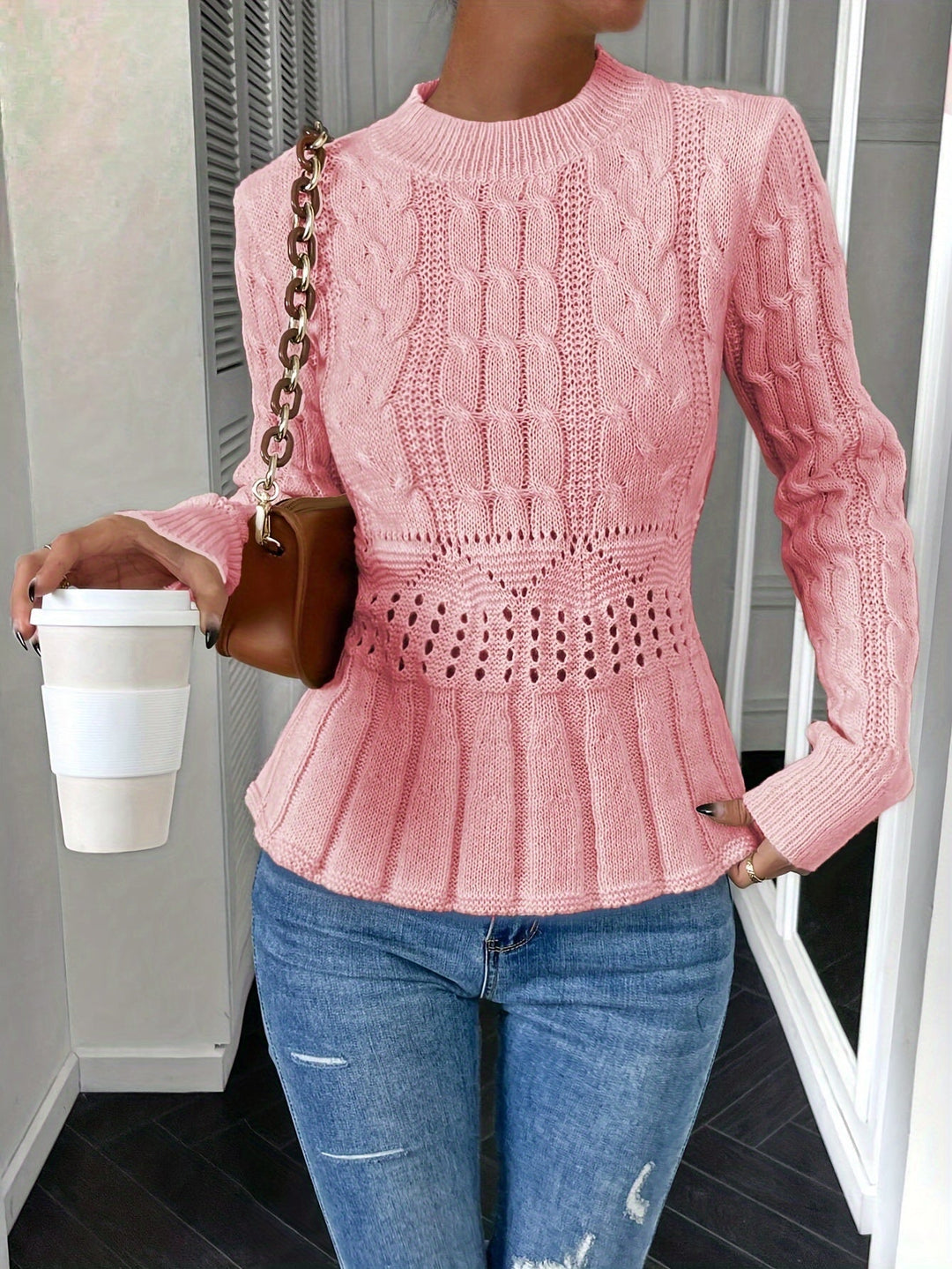 Chunky Cable Knit Sweater with Round Neck - Elena-Pink-S-Nora Luxe