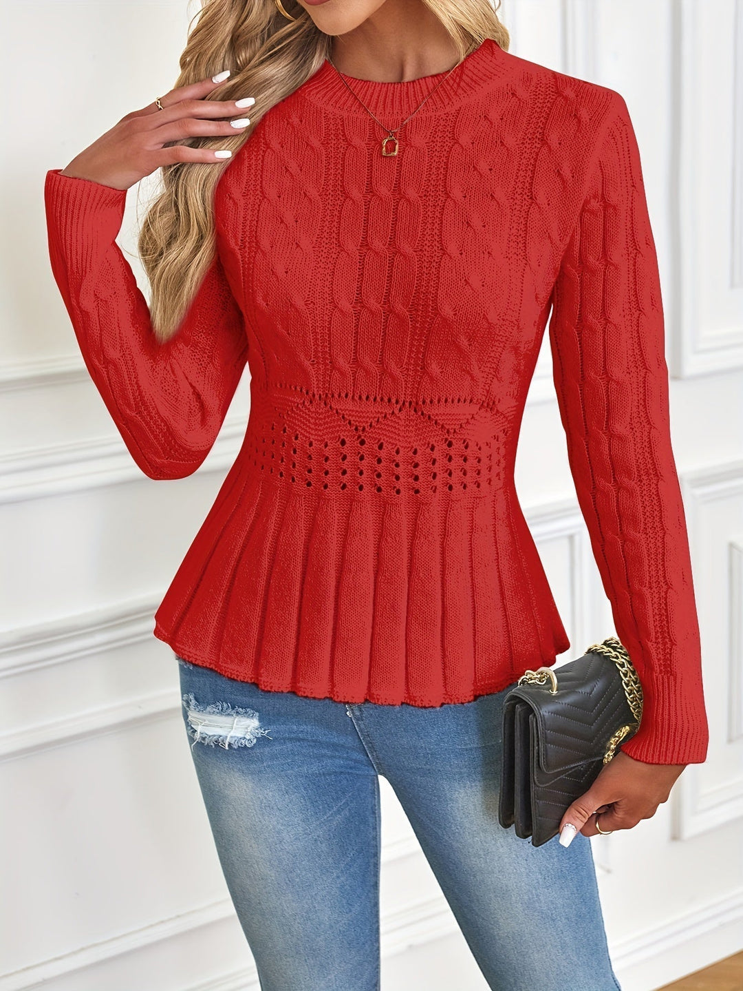 Chunky Cable Knit Sweater with Round Neck - Elena-Red-S-Nora Luxe