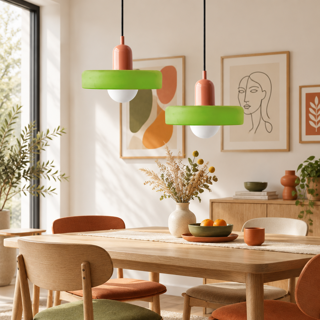 Two pendant lamps with bright green glass shades and coral-pink caps hang above a wooden dining table 1