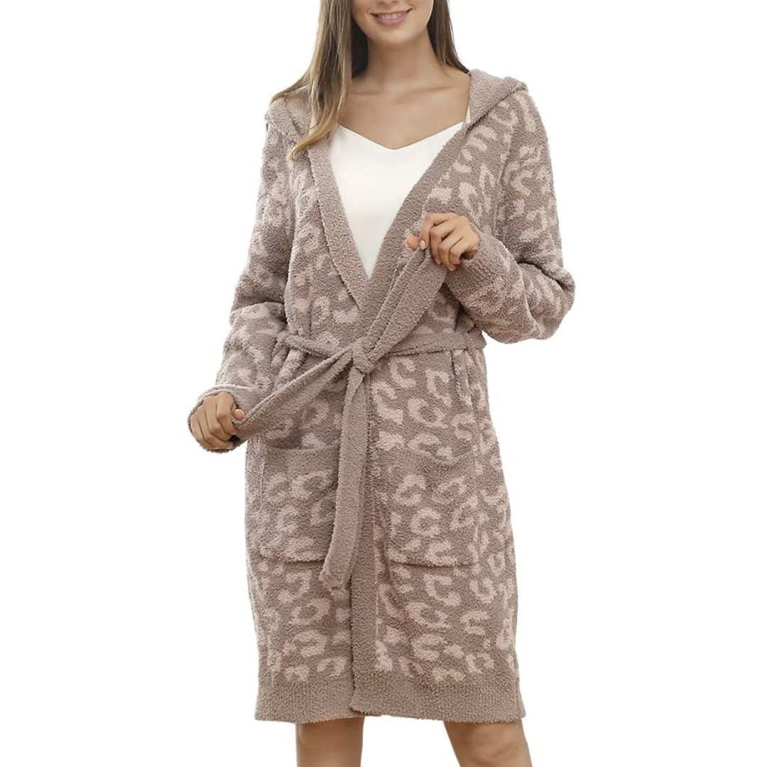 Comfortable Ladies Spa Bathrobe - Victoria-Leopard Gray - Hoodie-Nora Luxe