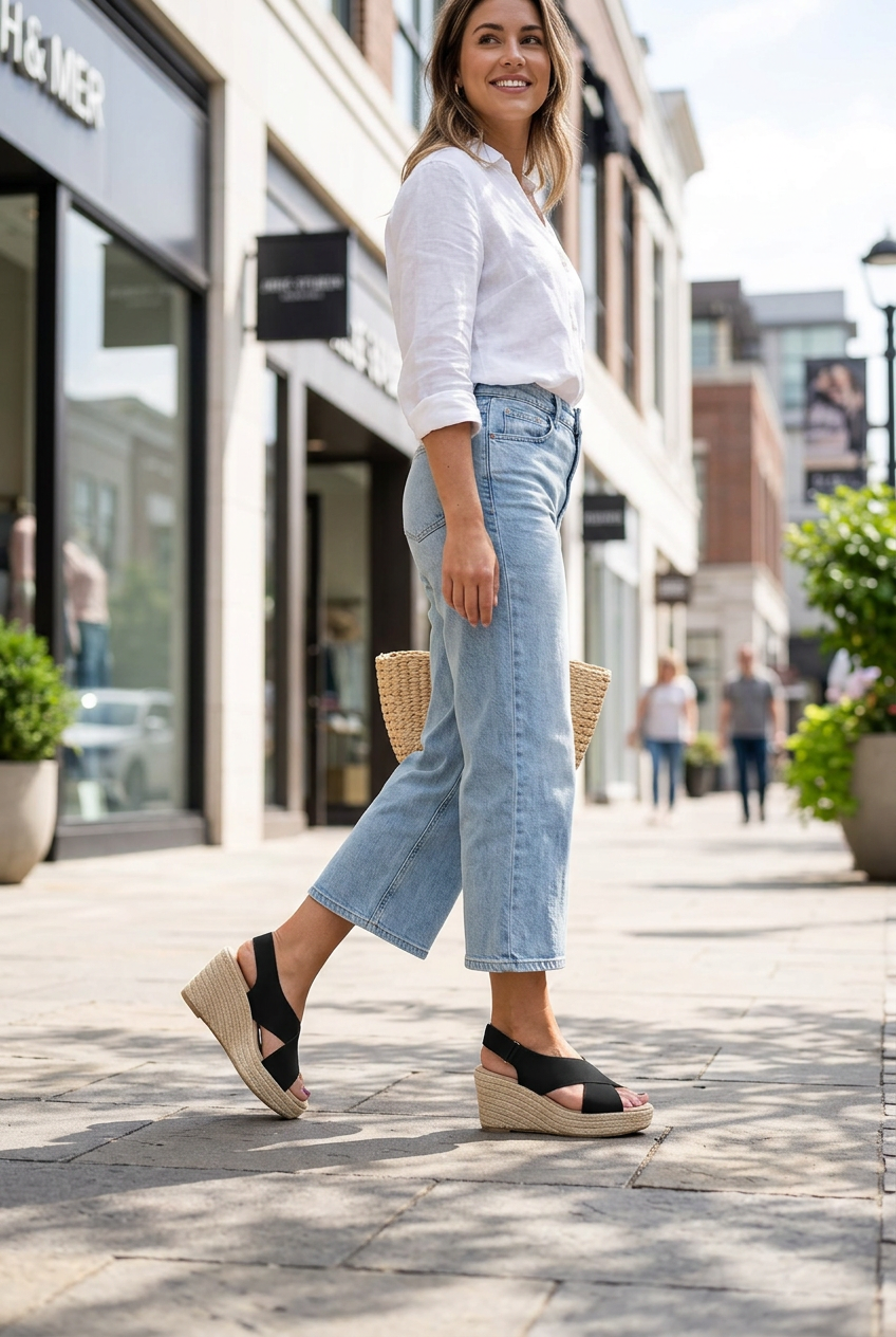 Smiling woman strolling a city sidewalk in black crisscross wedge sandals, cropped jeans and a white linen shirt 1