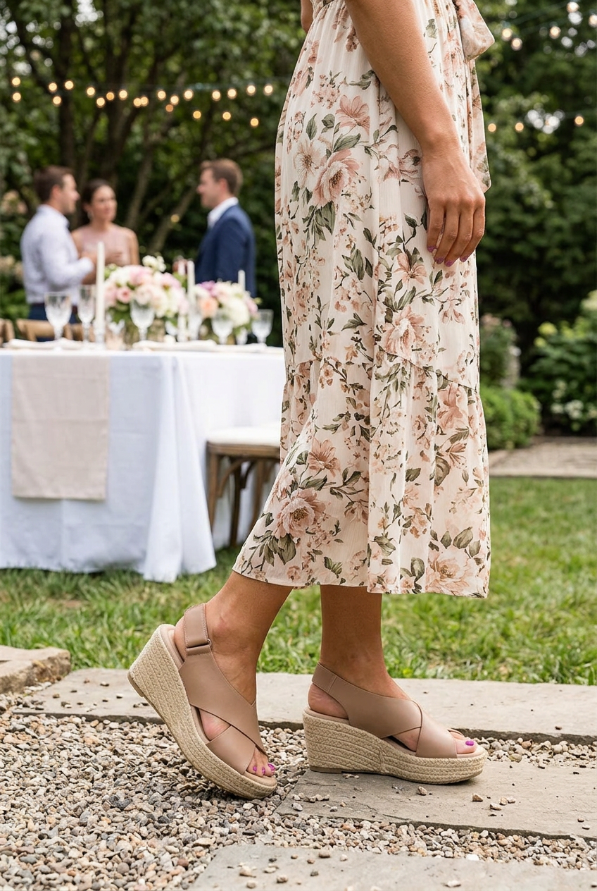 Woman in a floral midi dress wears tan crisscross wedge sandals at a garden party 1