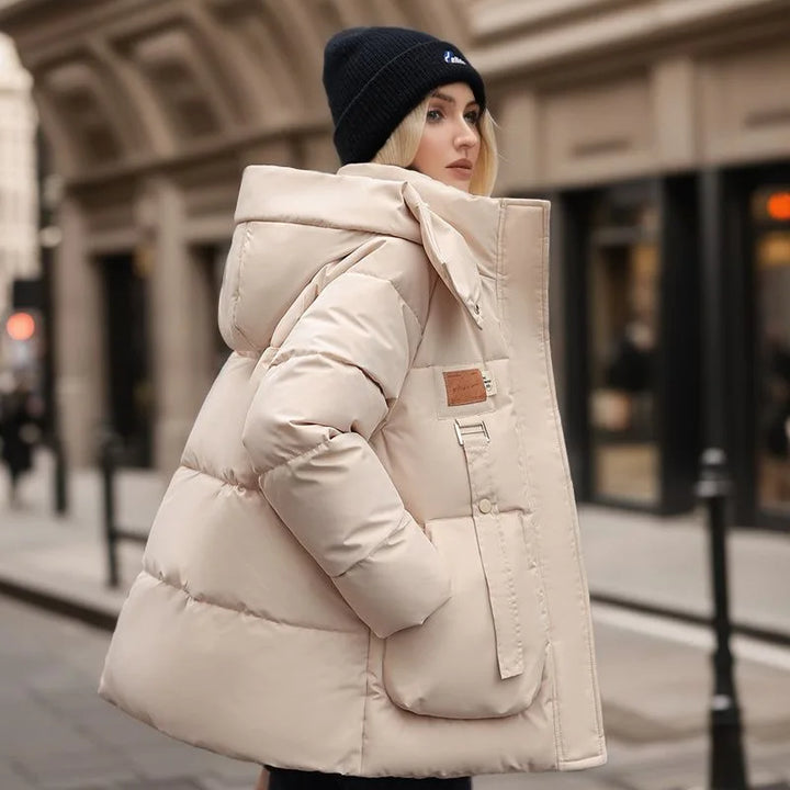 Comfortable Women's Winter Coat with Down Filling - Amelina-Beige-M-Nora Luxe